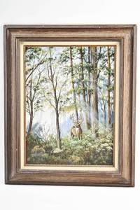 lot 202 image: Misty Morn White Tail Deer Painting on Board Signed Dolores Fietz
