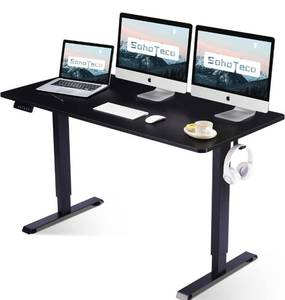 lot 19 image: SohoTeco Electric Height Adjustable Desk, 55x24 Stand Up Desk with Splice Board, Heavy Duty Gaming Desk Memory Preset, Black Steel Frame & Black Board