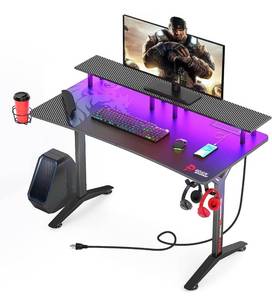 lot 49 image: SEVEN WARRIOR Gaming Desk 60 with LED Lights & Power Outlets, Computer Desk with Full Desk Mouse Pad, Ergonomic Office Desk with Monitor Stand, Carbon Fiber Surface Black