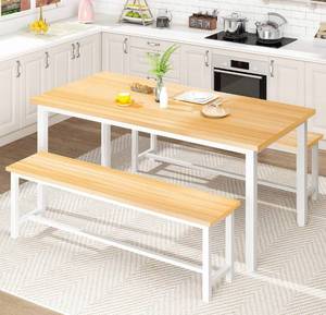 lot 62 image: AWQM Dining Room Table Set, Kitchen Table Set with 2 Benches, Ideal for Home, Kitchen and Dining Room, Breakfast Table of 47.2x28.7x29.5 inches, Benches of 41.3x11.8x17.7 inches