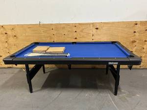 lot 100 image: GoSports 7 ft Billiards Table - Portable Pool Table - Includes Full Set of Balls, Rack, 2 Cue Sticks, Chalk, and Felt Brush