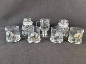 lot 76 image: Assorted Vintage Mankato, MN Candy Jars and Glasses - Seppman Mill, Schmidt House, Union Depot and More