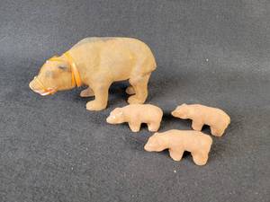 lot 82 image: Antique Flocked Momma Bear with Harness and her 3 Cubs - Made in Germany