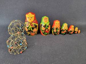 lot 83 image: Nesting Dolls (Made in the USSR) and (2) Wire Folding Mandalas