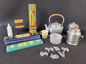 lot 85 image: Vintage Aluminum Play Tea Set, Watercolor Tins, Pixie Kaleidoscope, Play Cookie Cutters and More