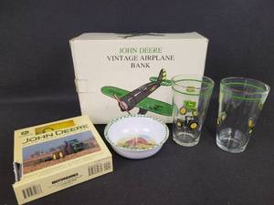 lot 92 image: John Deere Vintage Airplane Bank In Original Box, John Deere Glasses and More