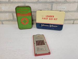 lot 115 image: (2) Vintage First Aid Kit Tins (Empty) and Windsor Pocket Calculator