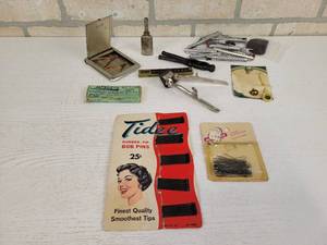 lot 117 image: Vintage Cigarette Holder, Sewing Machine Oiling Can, Bob Pins on Original Card and More