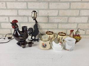 lot 131 image: Vintage Chicken Dcor - Cast Iron Wall Lamp, Redware and More