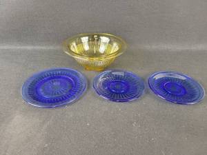 lot 152 image: Vintage Amber Dish and (3) Cobalt Blue Plates - NO SHIPPING