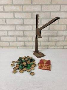 lot 153 image: Vintage EVEREDY Bottle Capper and Assorted NOS Bottle Caps with Cork Seals