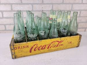 lot 63 image: Vintage Coca-Cola Wood Bottle Crate and (24) Vintage Coca-Cola Bottles - 10oz and 6-12oz - NO SHIPPING