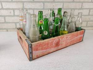 lot 62 image: Vintage Coca-Cola Wood Bottle Crate and (23) Vintage Bottles - Hires, Orange Crush, B-1 Lemon Lime Soda, O-So Grape, Masons Root Beer and More -  NO SHIPPING