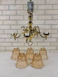 lot 187 image: Brass Hanging Chandelier with (5) Glass Shades - NO SHIPPING