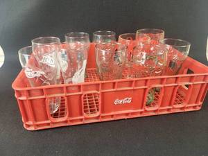 lot 202 image: (10) Assorted Coca-Cola Glass Tumblers and Poly Coca-Cola Crate - NO SHIPPING