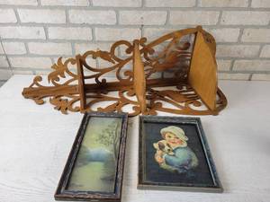 lot 208 image: Wood Corner Shelf and (2) framed Prints - NO SHIPPING