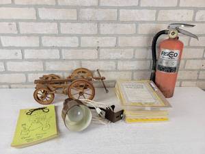 lot 245 image: 1979 Amboy, MN Good Eating Cookbook, Small Wood Wagon, Fire Extinguisher and More - NO SHIPPING