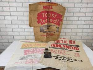 lot 250 image: (3) Vintage Honeymead of Mankato, MN Sacks, Belt Buckles and Tape Measure