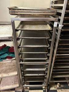 lot 32 image: Rolling Stainless Steel Bakery Rack with Baking Sheets - 21W x 28D x 59H