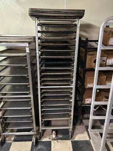 lot 33 image: Rolling Stainless Steel Bakery Rack with Baking Sheets - 21W x 26D x 70H
