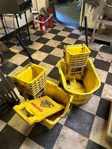 lot 42 image: Lot of Two Rolling Mop Buckets and Wet Floor Sign