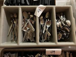 lot 48 image: Big Lot of Soup Spoons, Spoons, Pickle Forks and more with Heavy Duty Plastic Utensil Tub