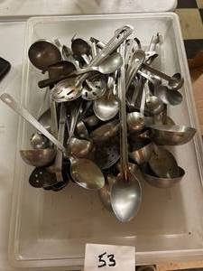 lot 53 image: Big Lot of Assorted Stainless Steel Serving Spoons with Tub