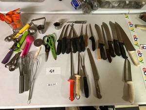 lot 54 image: Big Lot of Over 30 Pieces Assorted Cutlery, Sharpeners and Kitchen Utensils