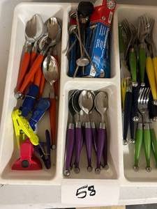 lot 58 image: Lot of Decorative Silverware, Meat Thermometers, and Bag Clips with Utensil Tray