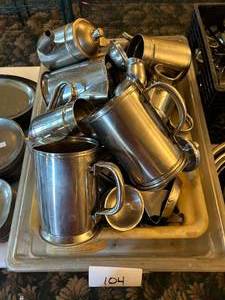 lot 104 image: Big Lot of Assorted Stainless Steel Coffee, Tea, and Creamer Pitchers