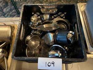 lot 109 image: Big Lot of Stainless Steel Sauce Dishes, Pitchers and More with Crate
