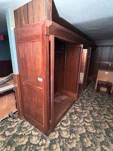 lot 166 image: 1930s Antique Hardwood Wardrobe Cabinet -- 169 W 33 D 84H -- Can Be Removed in 3 Pieces