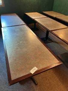 lot 174 image: 2 Marble Texture Hardwood Tables Each Measures 48W 30D 30H