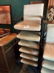 lot 195 image: Lot of Six White Pleather Dining Chairs with Hardwood Frame