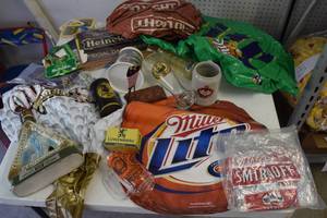 Lot of bar glasses, signs, blowups ...