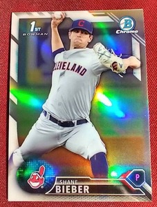 lot 50 image: 2017 Bowman Chrome Shane Bieber 1st Bowman Refractor Card