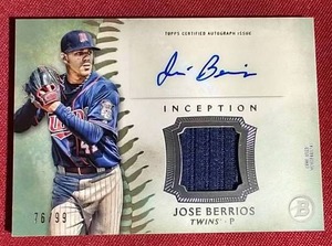 lot 55 image: 2015 Topps Inception Jose Berrios Game-Used Jersey Autograph Rookie Card #d99