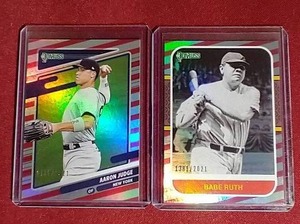 lot 71 image: (2) #d 2021 Donruss Red & White Stripes Yankees Cards - Judge & Ruth