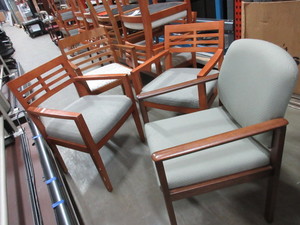 lot 129 image: ASSORTED WOOD FRAME ARM CHAIRS WITH UPHOLSTERED SEATS