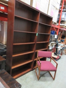 lot 124 image: PAIR OF WOODEN BOOKCASES AND AN UPHOLSTERED CHAIR