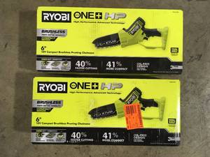 Lot of 2 RYOBI ONE HP 18V Brushless 6 in. Battery Compact Pruning Mini Chainsaw (Tool Only)  Customer Returns See Pictures