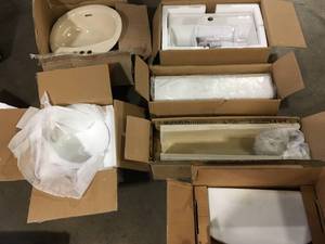 Pallet of Mixed Assorted Bathroom Sinks and Hardware  Various Models and Conditions Customer Returns See Pictures