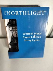 lot 201 image: New 10-Count Black Caged Fisherman Lantern Patio String Light Set