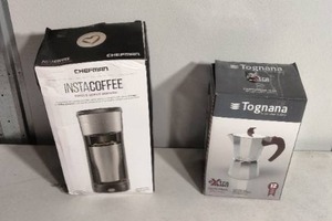 lot 231 image: NEW Tognana by Widgeteer Extra Style Aluminum Moka Pot 12-Cup Stovetop Coffeemaker and Chefman InstaCoffee Single Serve Brewer