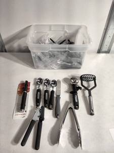 lot 237 image: Assorted Kitchen Gadgets and Plastic Cutlery (Potato Masher, Ice Cream Scoops, Cookie Scoop, Tongs, and more)