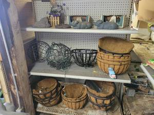 lot 6 image: Lot of (17) Hanging Wire Baskets, (2) Wire Spheres, (4) Ornamental Sprinklers and Assorted Garden Decor on (3) Shelves