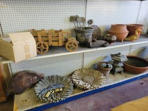 lot 8 image: Lot of Assorted Decorative Pots, Wood Truck Decor, Petrified Wood and More