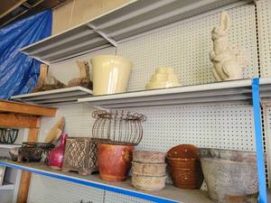 lot 9 image: Lot of Decorative Pots, Fountain Head, Driftwood and More on (4) Shelves