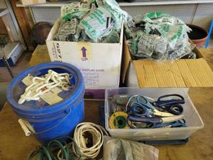 lot 14 image: 100 Packages of (10) Landscaping Fabric Pins, Bucket of Plastic Chain, Scissors, Glue Guns and More