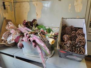 lot 24 image: Large Lot of Pine Cones, Assorted Decorative Plastic Flowers and More